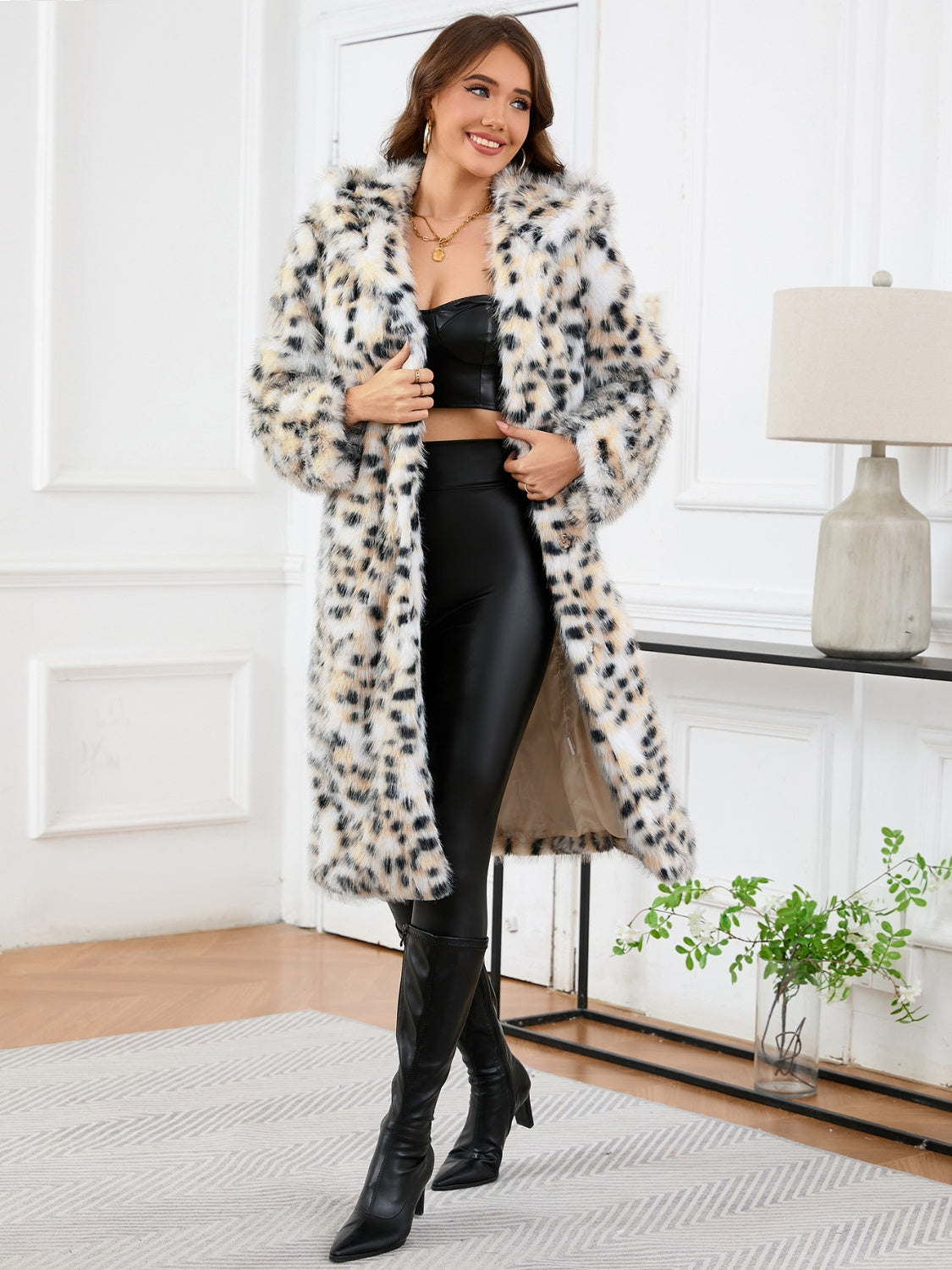 Thermal Leopard Faux Fur Hooded Coat