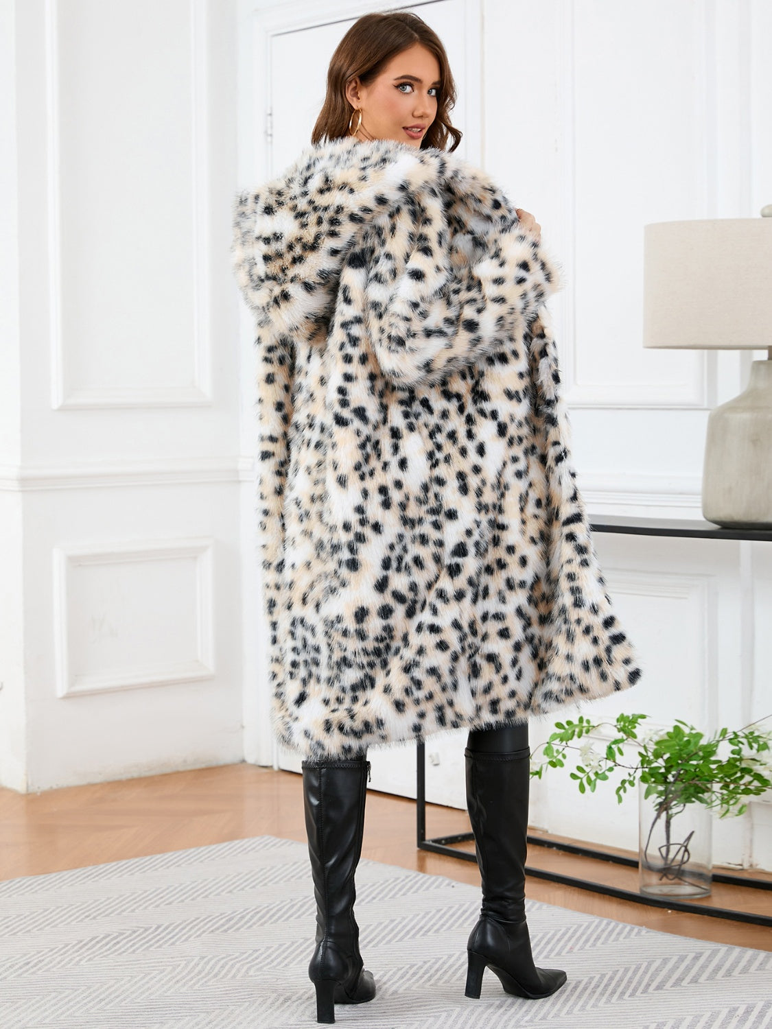 Thermal Leopard Faux Fur Hooded Coat