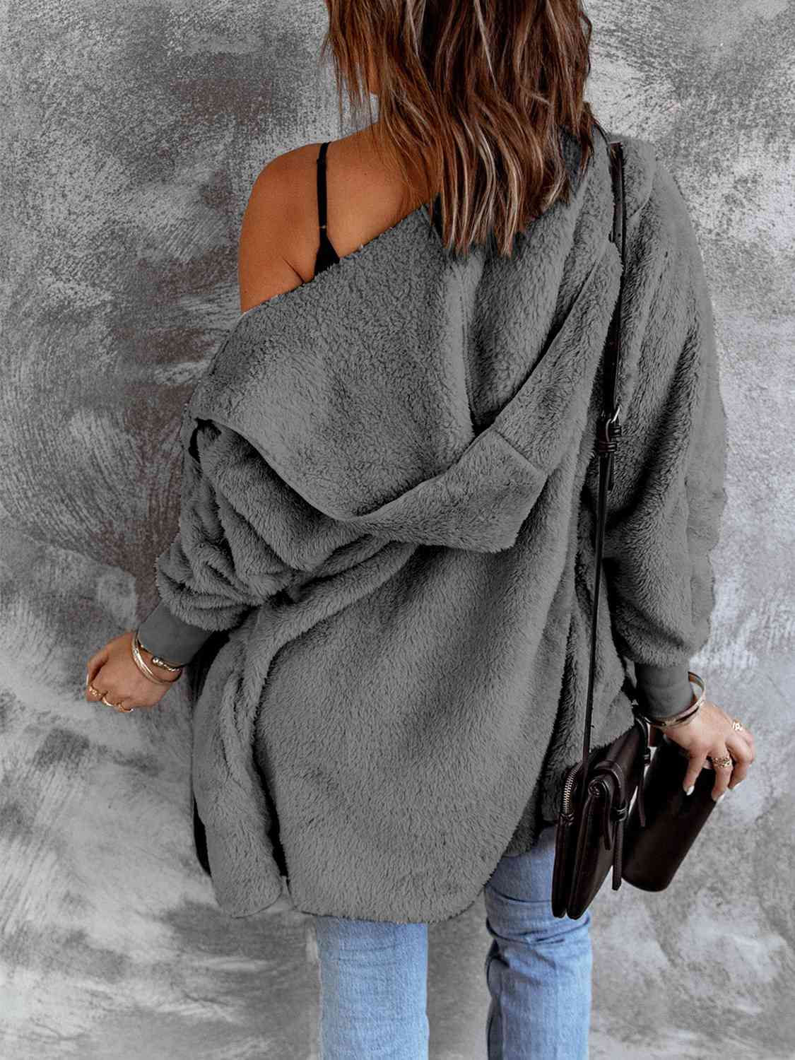 Open Front Hooded Faux Fur Jacket with Pockets