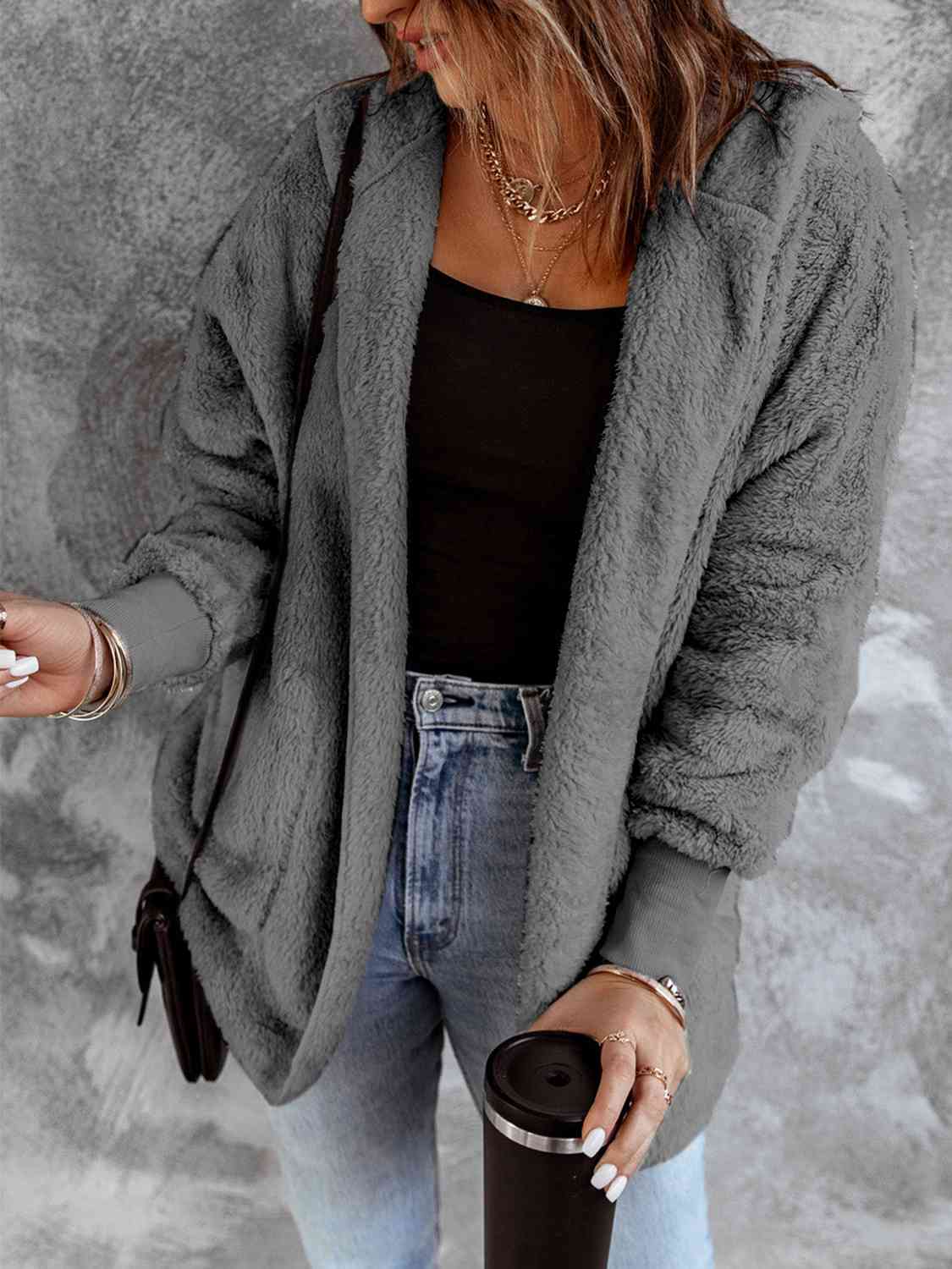 Open Front Hooded Faux Fur Jacket with Pockets