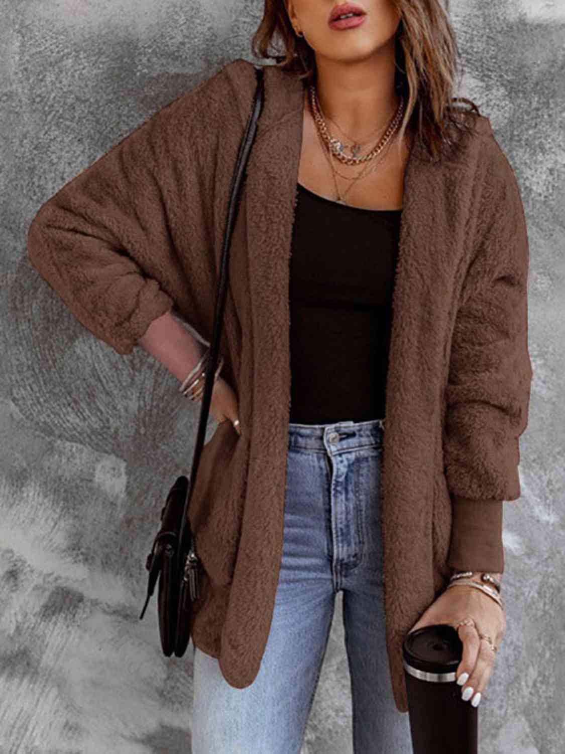Open Front Hooded Faux Fur Jacket with Pockets