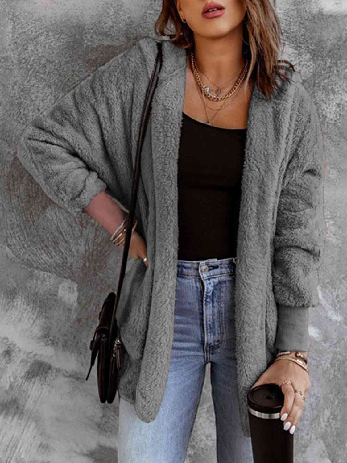 Open Front Hooded Faux Fur Jacket with Pockets
