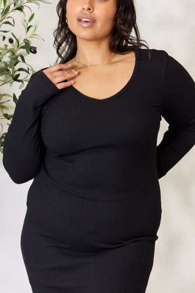 Bestie Ribbed Long Sleeve Midi Slit Dress