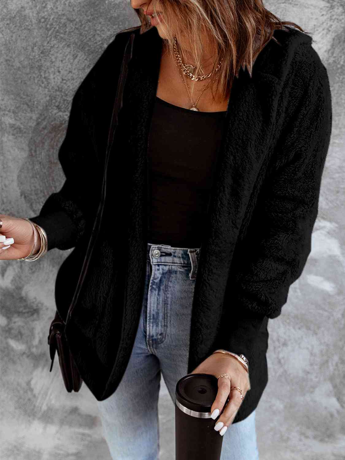 Open Front Hooded Faux Fur Jacket with Pockets