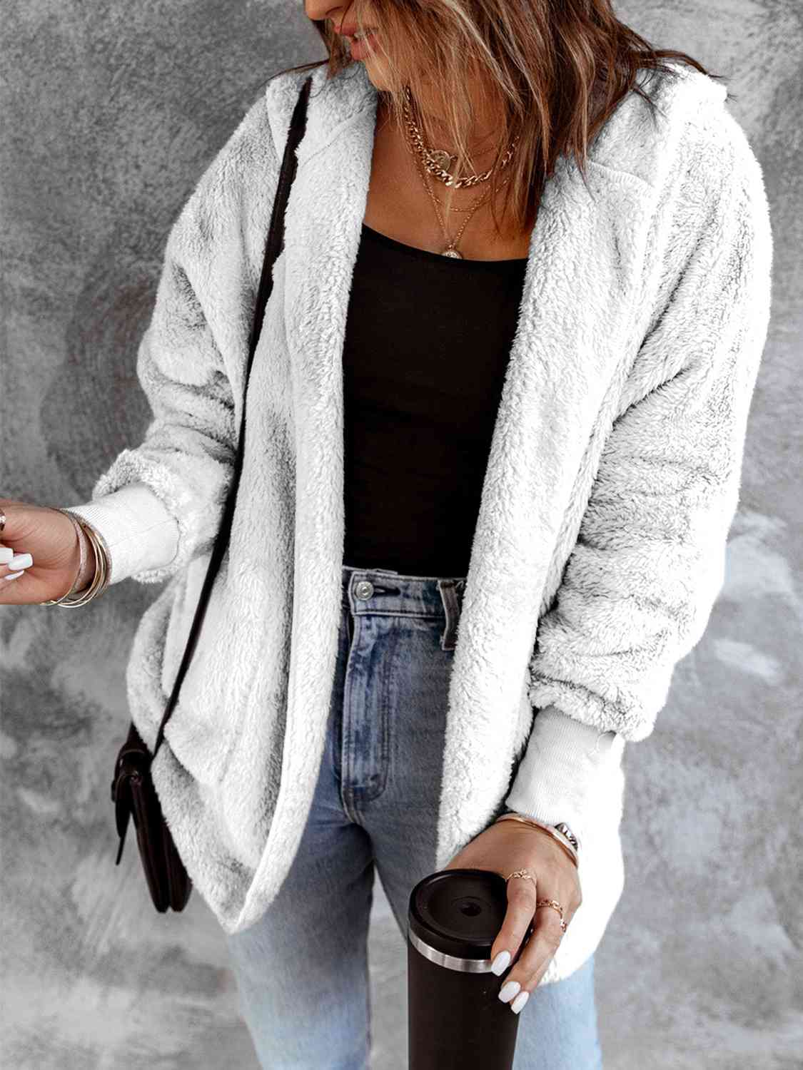 Open Front Hooded Faux Fur Jacket with Pockets