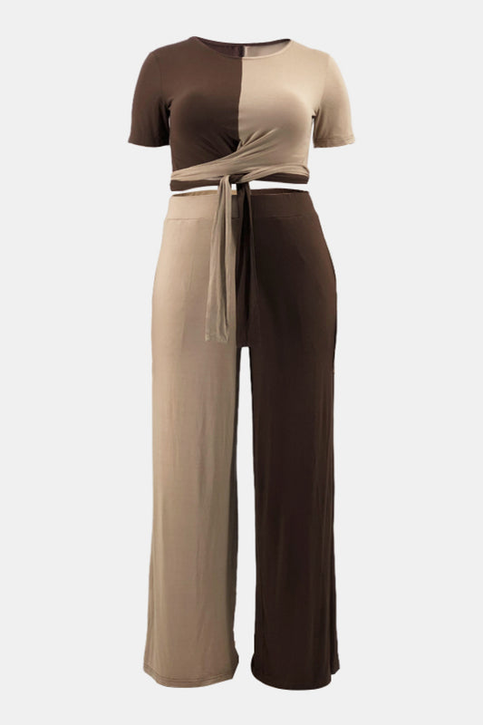 Two-Tone Tie Front Top and Pants Set with Pockets