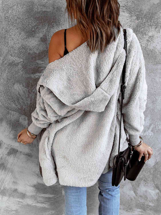 Open Front Hooded Faux Fur Jacket with Pockets