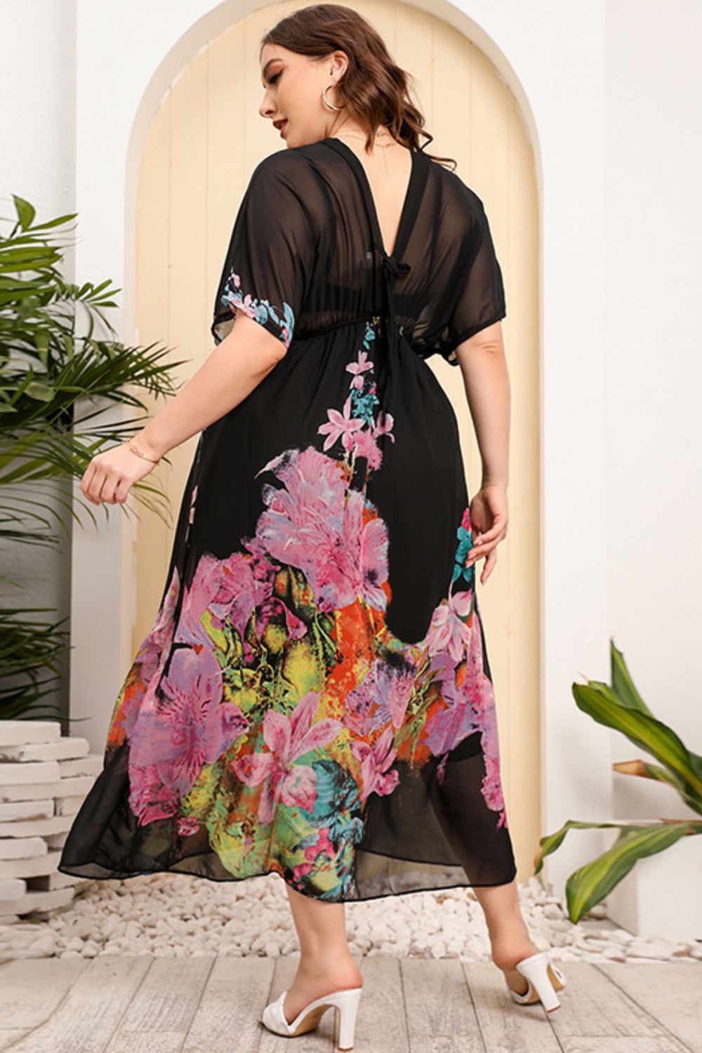Sheer Floral V-Neck Midi Dress