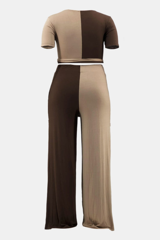 Two-Tone Tie Front Top and Pants Set with Pockets
