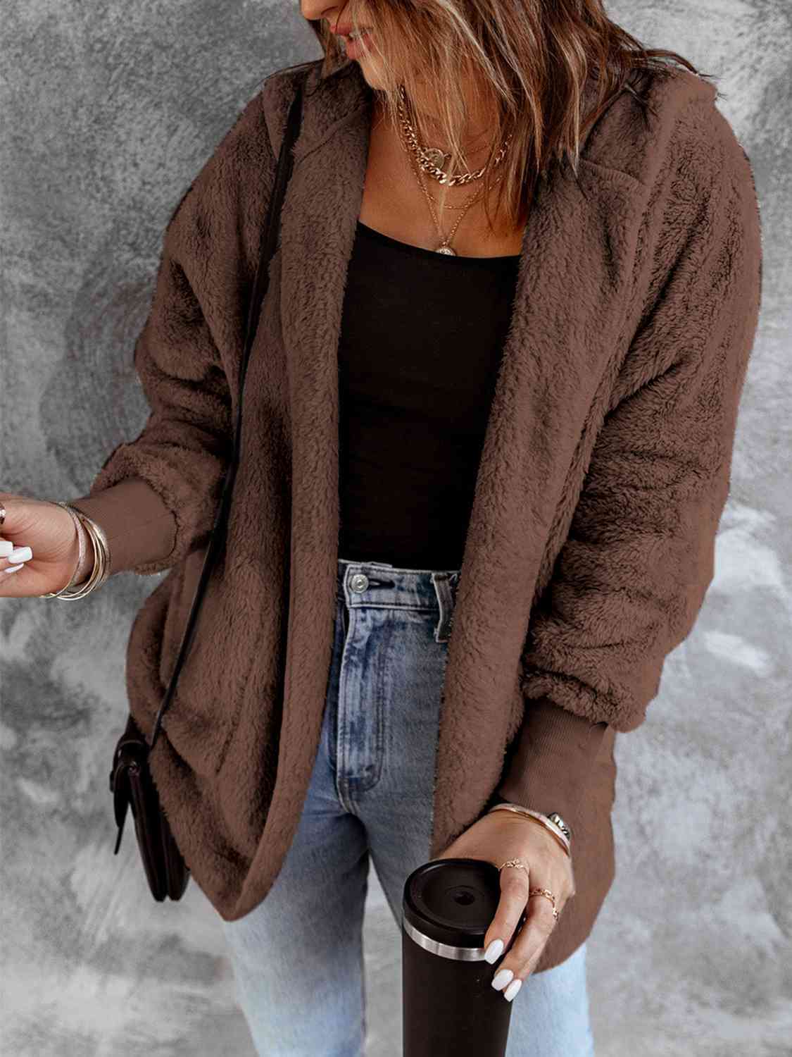 Open Front Hooded Faux Fur Jacket with Pockets