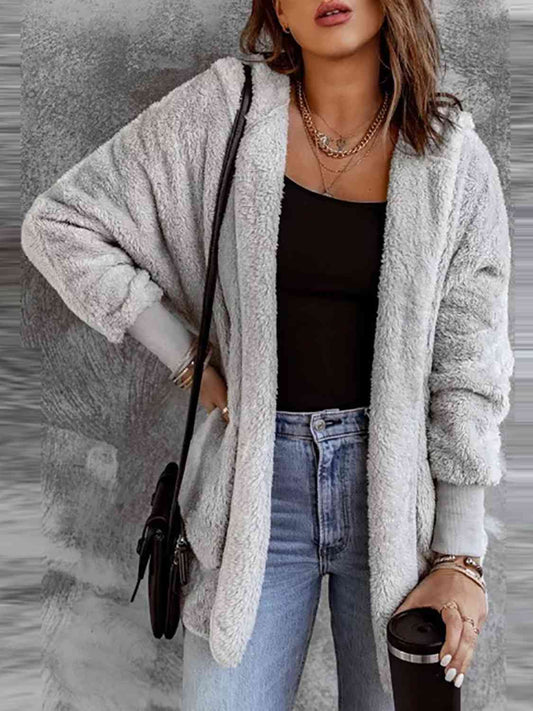 Open Front Hooded Faux Fur Jacket with Pockets