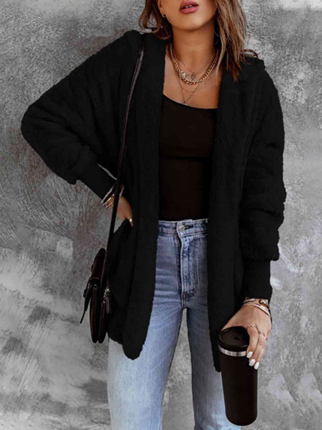 Open Front Hooded Faux Fur Jacket with Pockets