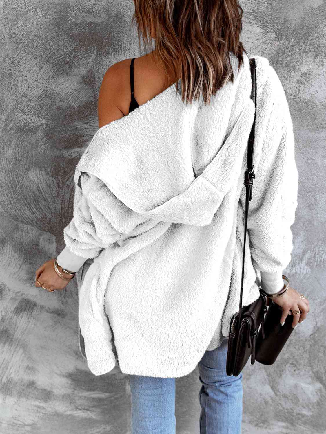 Open Front Hooded Faux Fur Jacket with Pockets