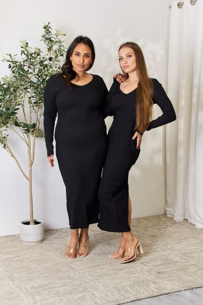 Bestie Ribbed Long Sleeve Midi Slit Dress