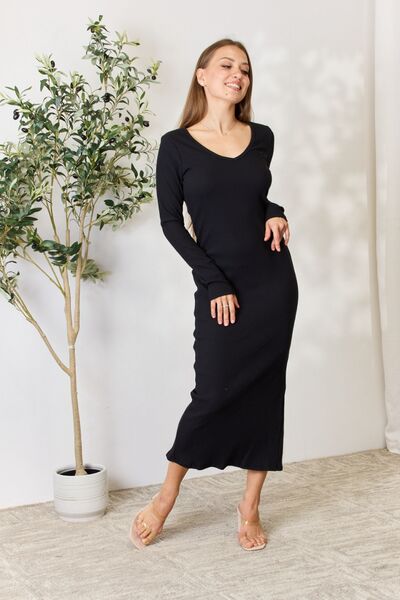 Bestie Ribbed Long Sleeve Midi Slit Dress