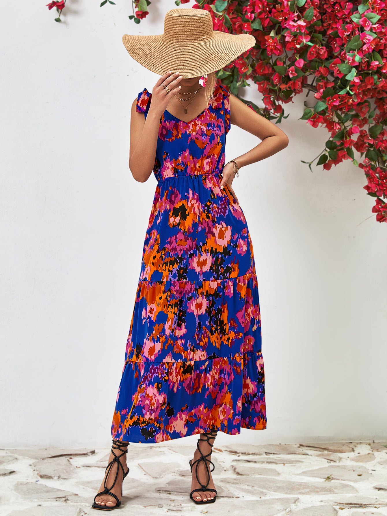 Abstract Floral V-Neck Backless Midi Dress