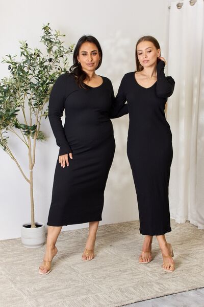 Bestie Ribbed Long Sleeve Midi Slit Dress