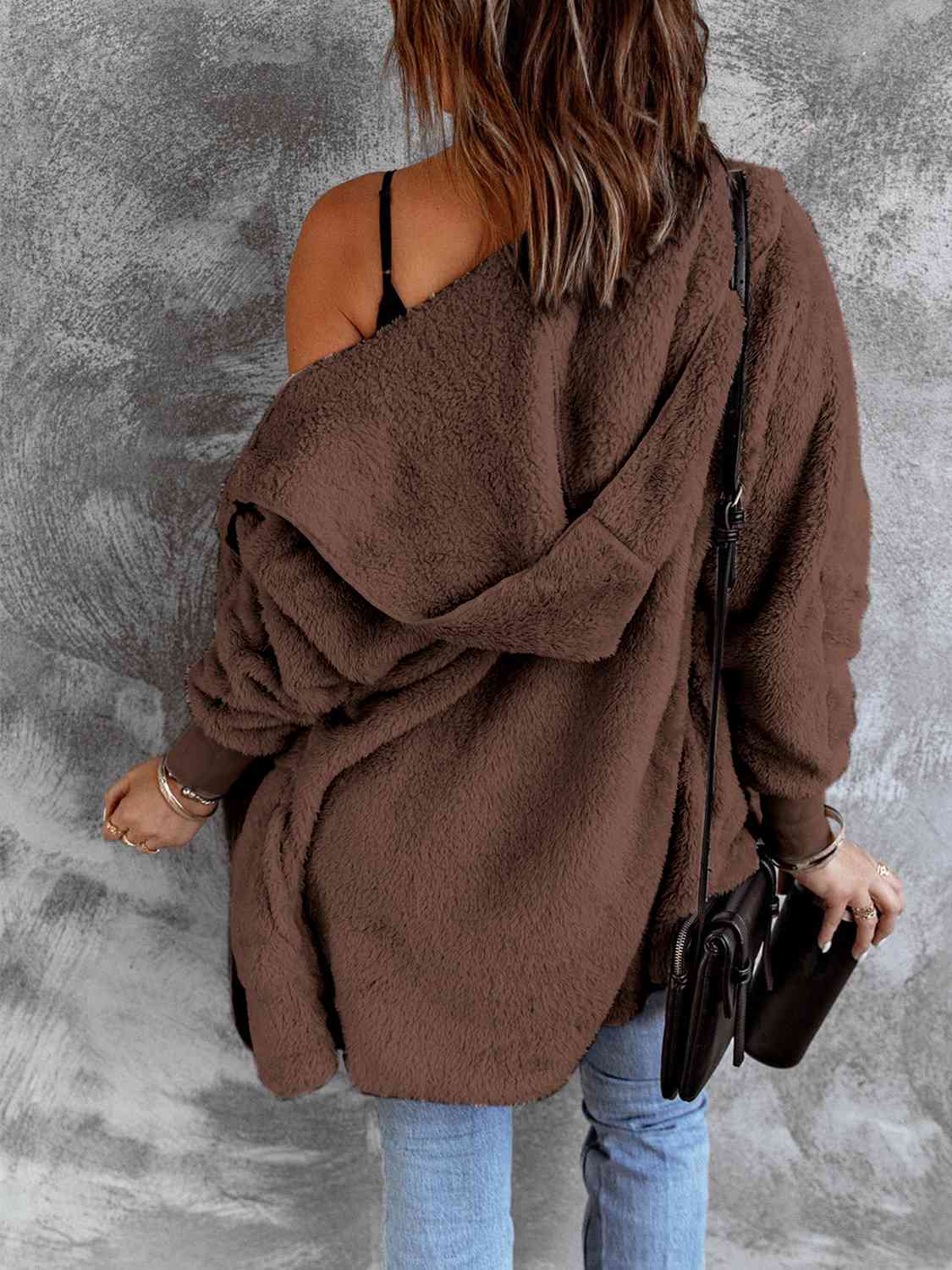 Open Front Hooded Faux Fur Jacket with Pockets