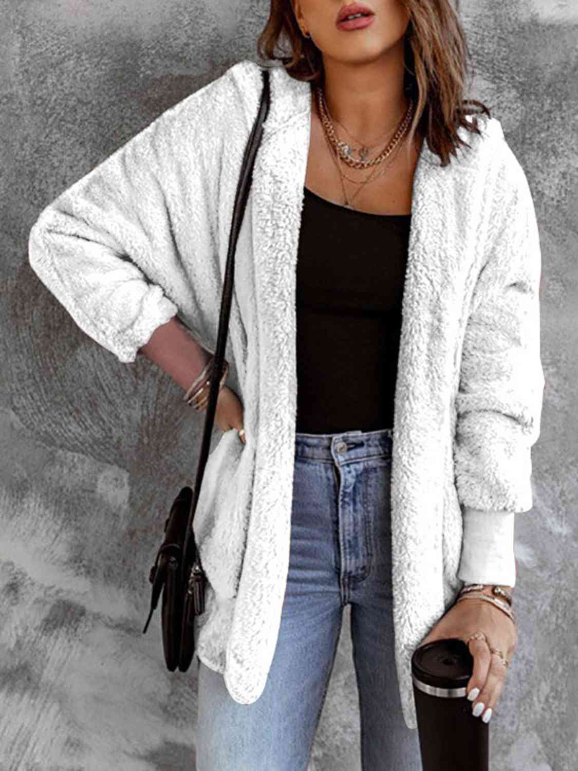 Open Front Hooded Faux Fur Jacket with Pockets