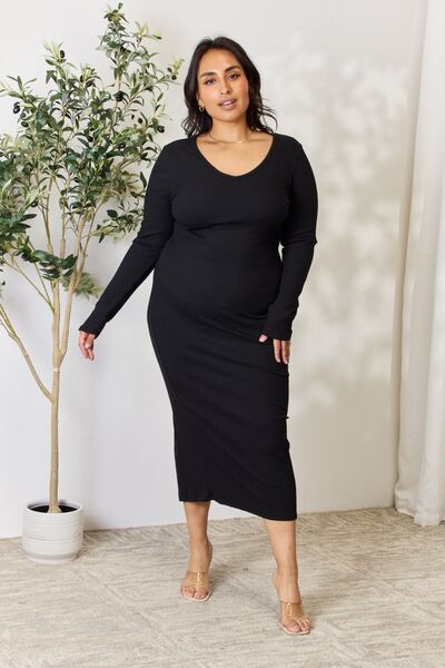 Bestie Ribbed Long Sleeve Midi Slit Dress