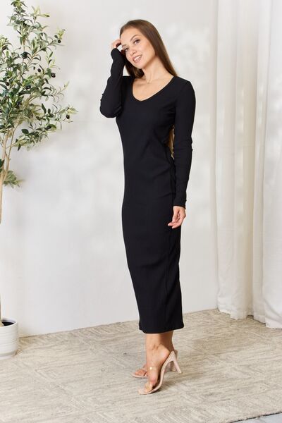 Bestie Ribbed Long Sleeve Midi Slit Dress