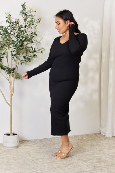 Bestie Ribbed Long Sleeve Midi Slit Dress