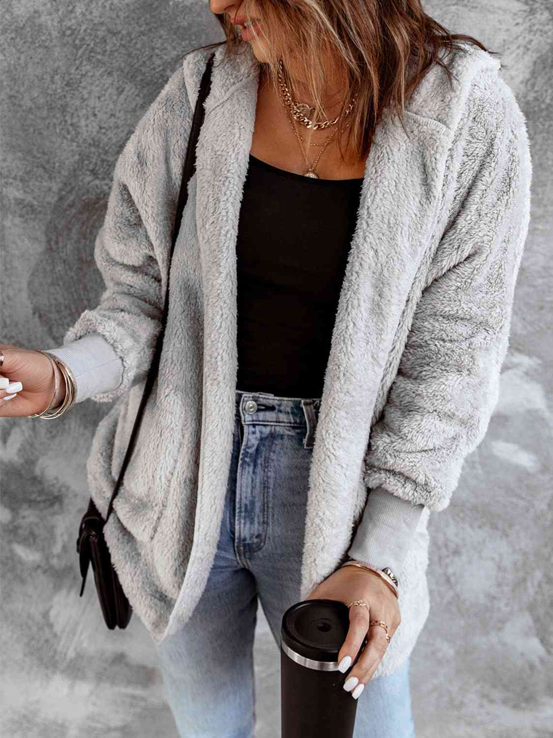 Open Front Hooded Faux Fur Jacket with Pockets