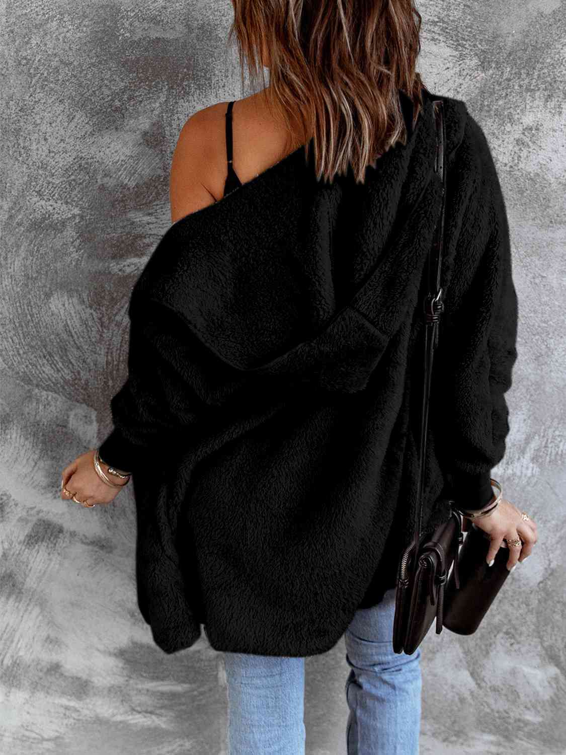 Open Front Hooded Faux Fur Jacket with Pockets