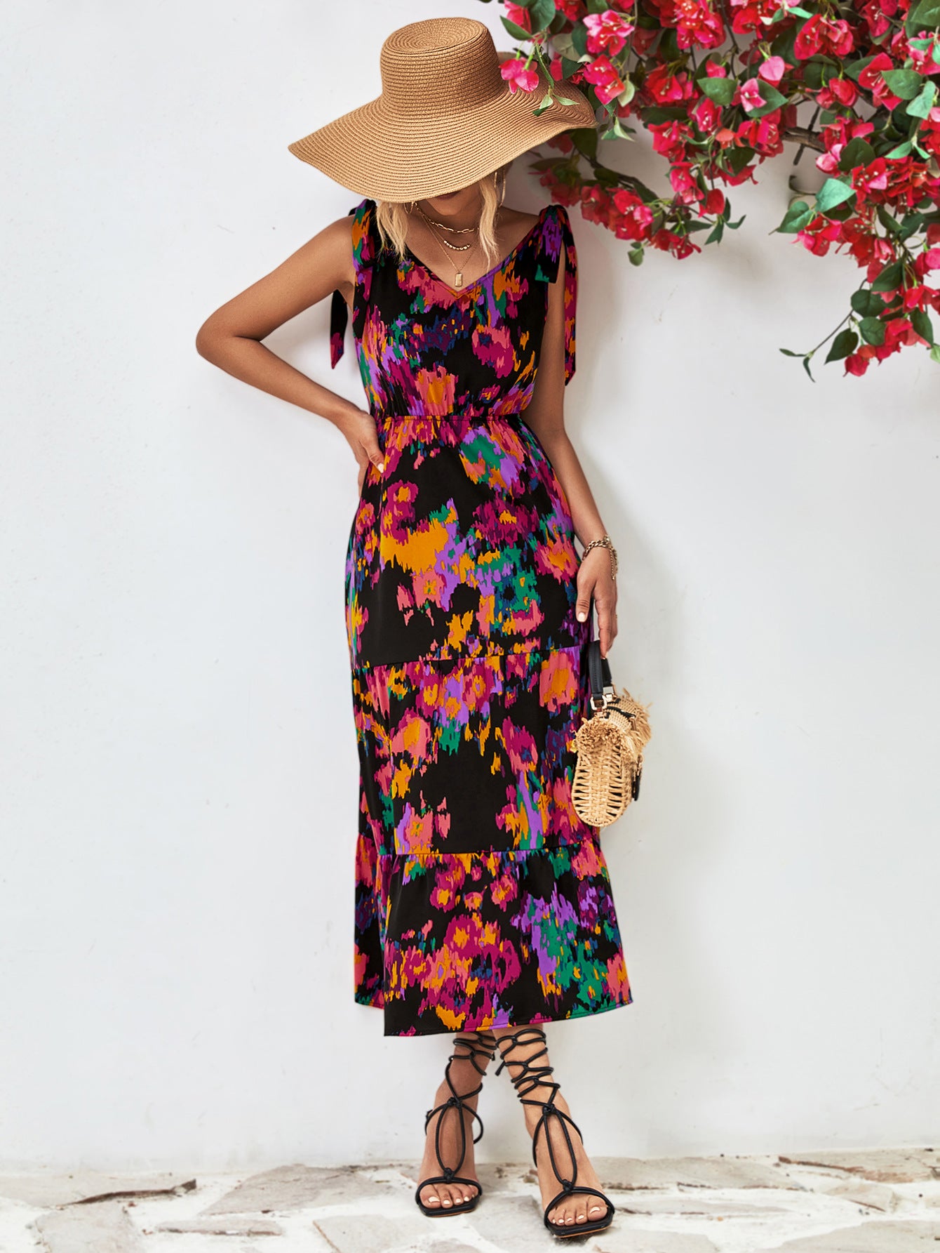 Abstract Floral V-Neck Backless Midi Dress
