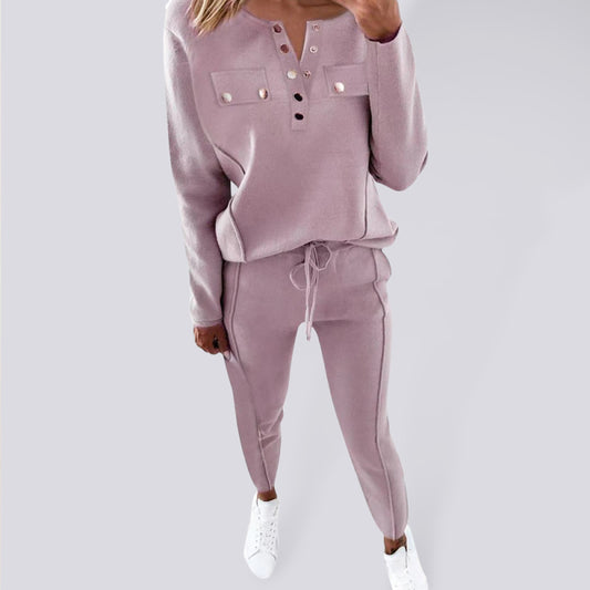 Women's Solid Color Button Front Sweatshirt And Joggers Set