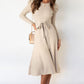 Round Neck Long Sleeve Tie Waist Sweater Dress