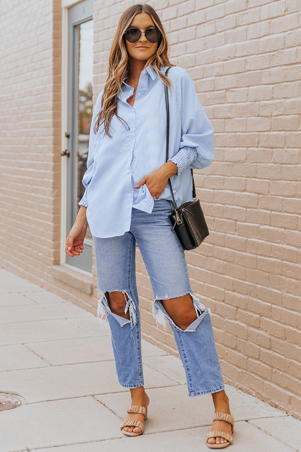 Striped Lantern Sleeve Collared Shirt