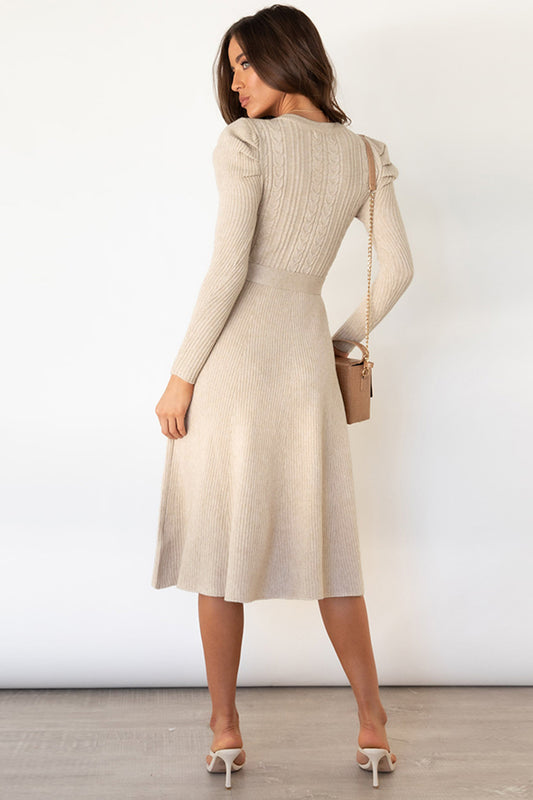 Round Neck Long Sleeve Tie Waist Sweater Dress