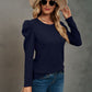 Waffle-Knit Puff Sleeve Round Neck Top
