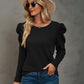 Waffle-Knit Puff Sleeve Round Neck Top