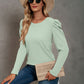 Waffle-Knit Puff Sleeve Round Neck Top