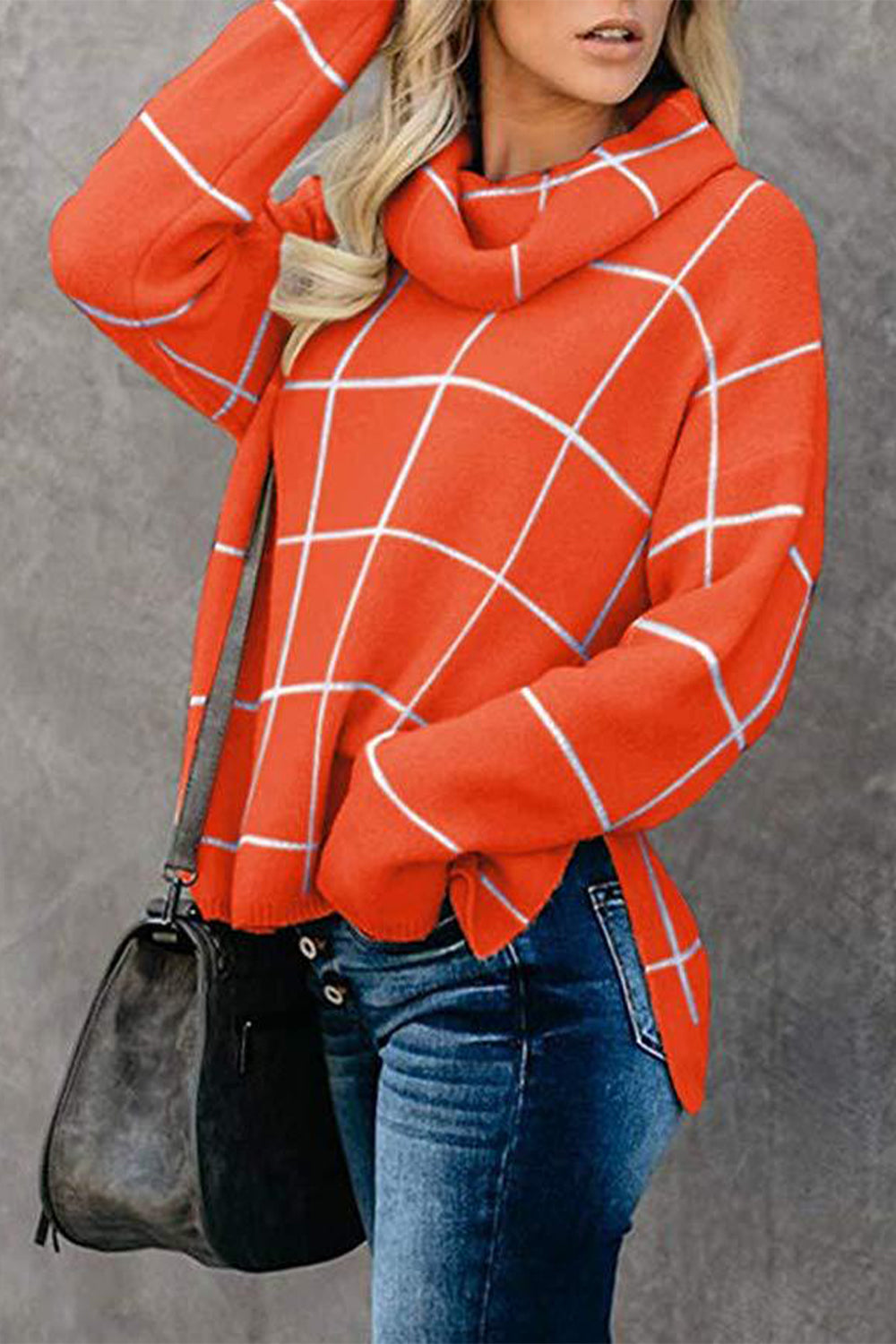 Angel Wings Plaid Turtleneck Drop Shoulder Sweater