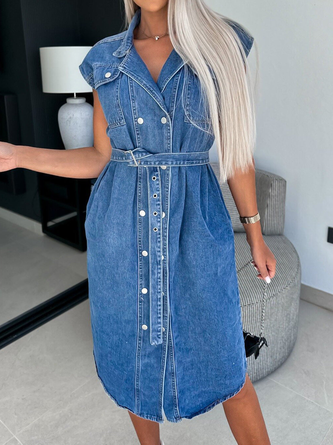 Stacked Cap Sleeve Denim Dress