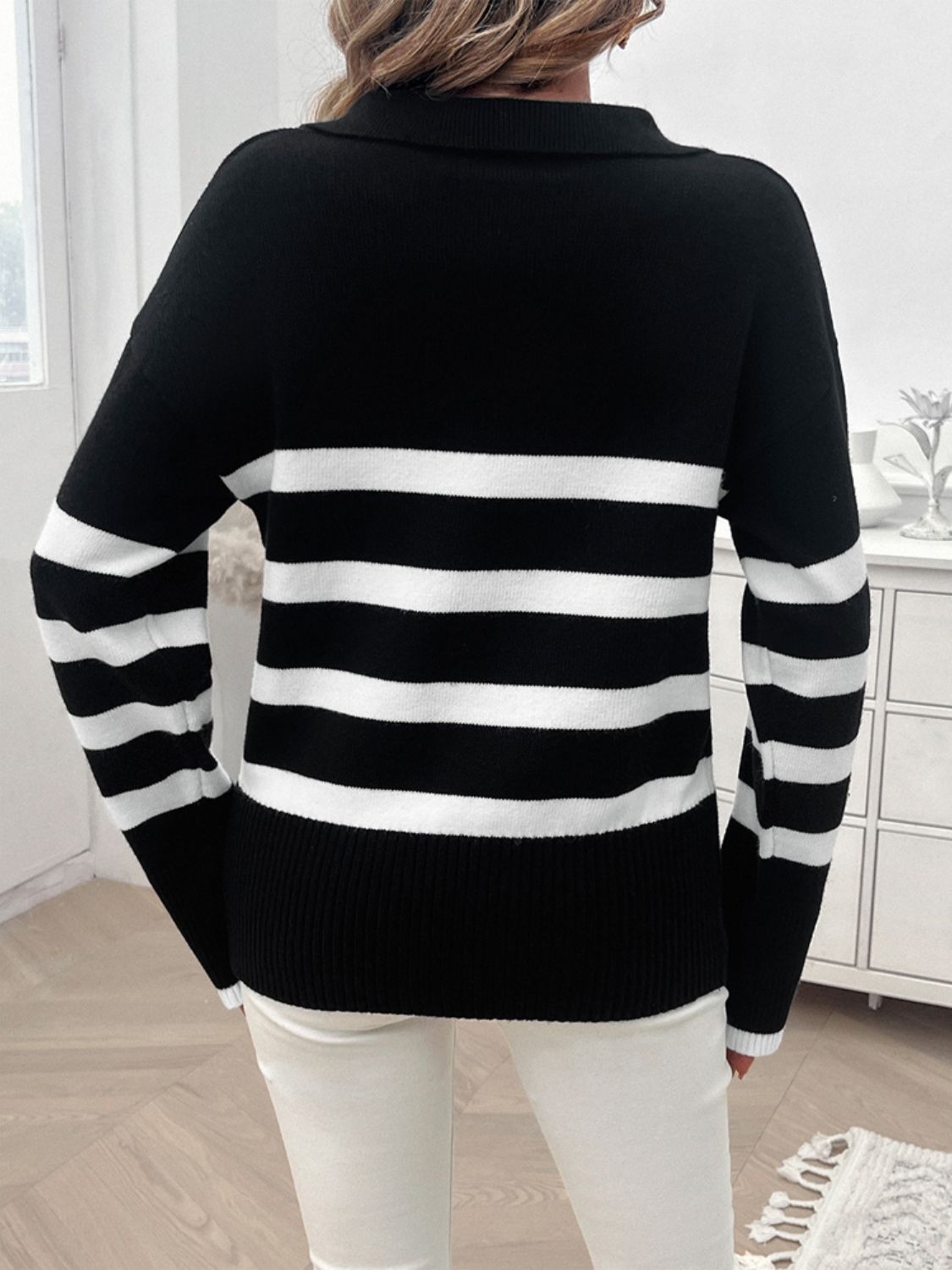 Devine Striped Collared Neck Long Sleeve Sweater