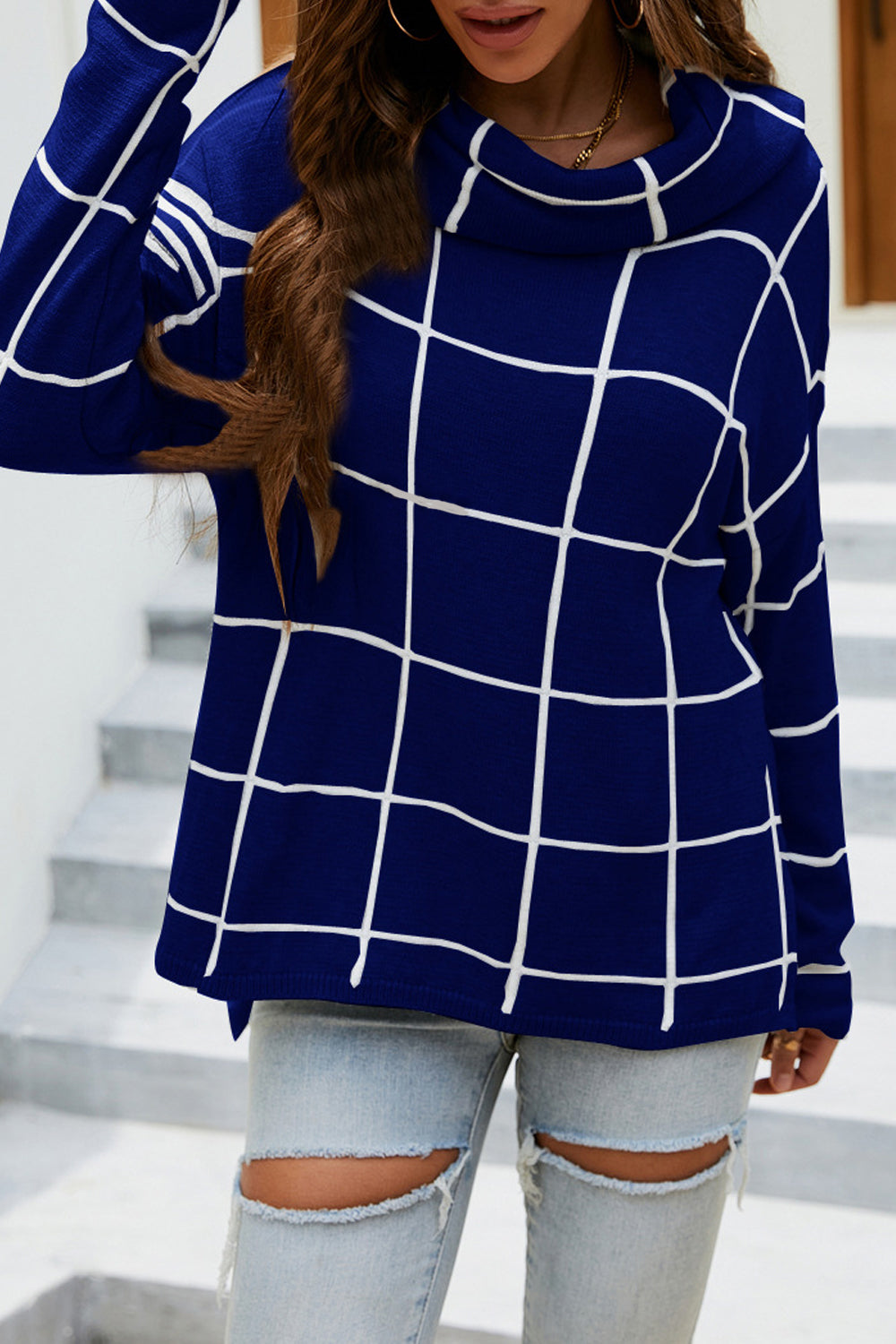 Angel Wings Plaid Turtleneck Drop Shoulder Sweater