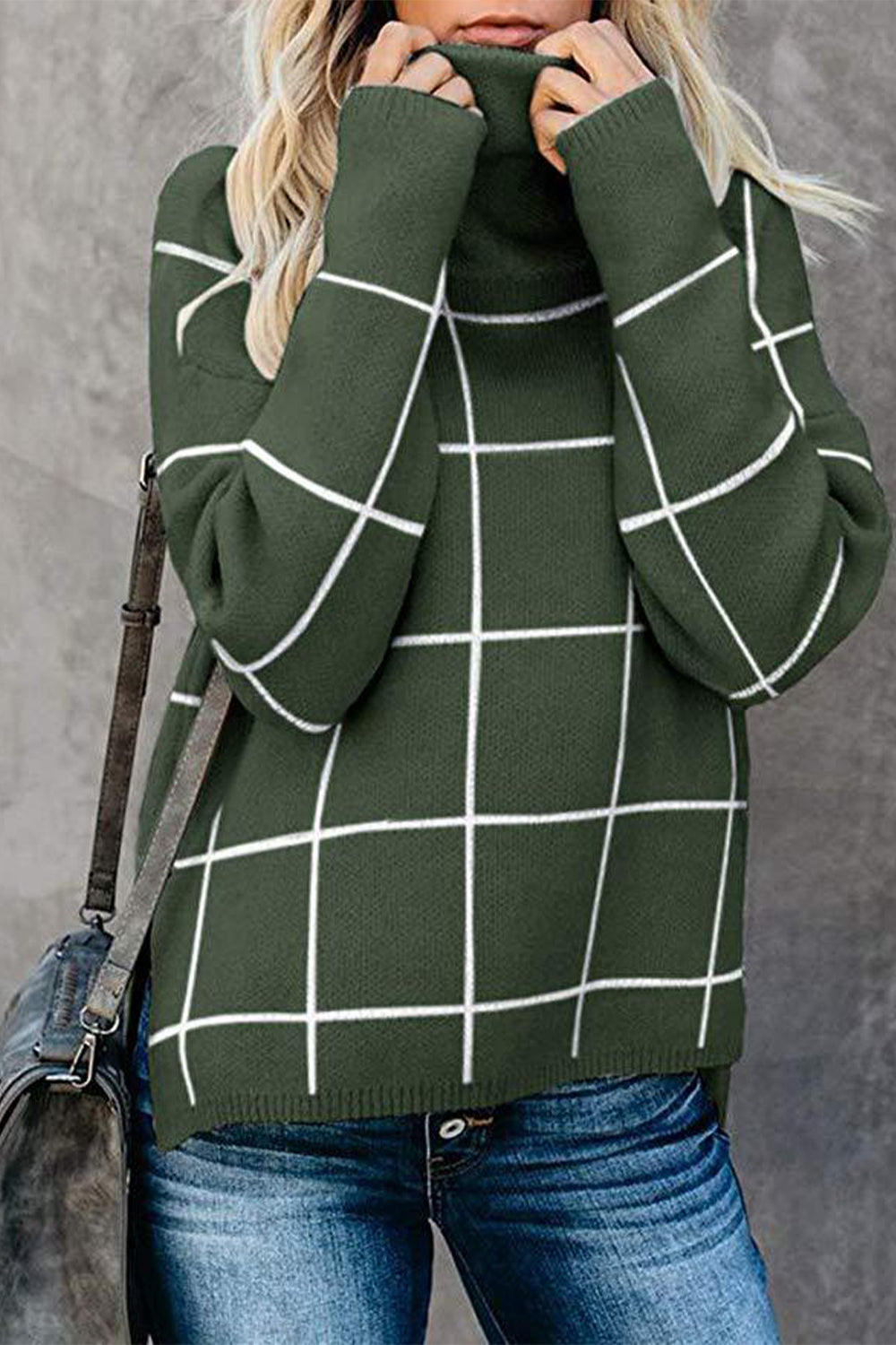 Angel Wings Plaid Turtleneck Drop Shoulder Sweater