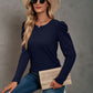Waffle-Knit Puff Sleeve Round Neck Top