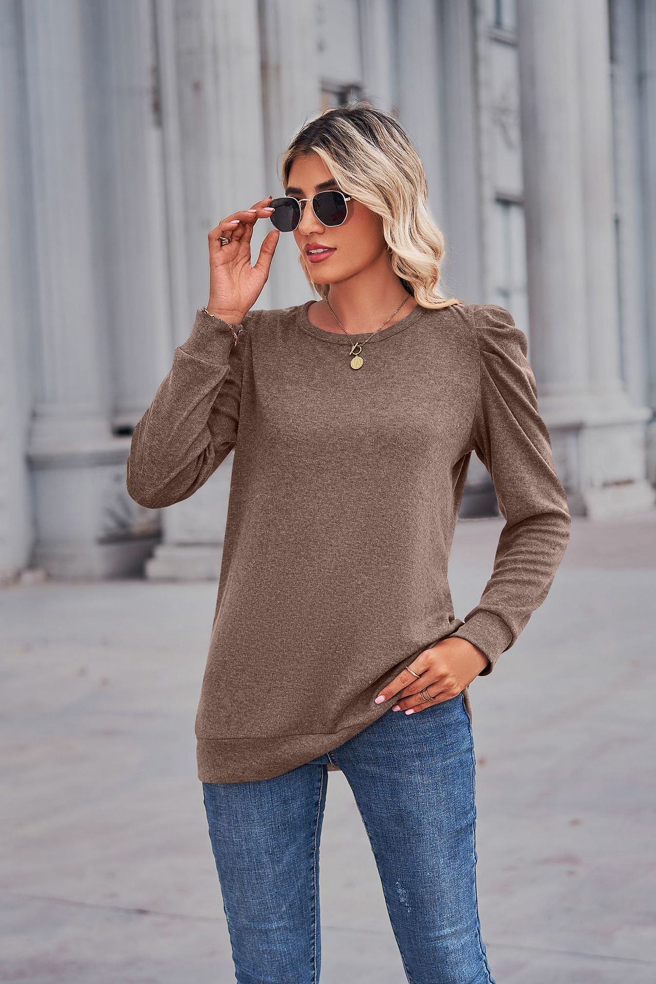 Heathered Puff Sleeve Round Neck Tunic Top