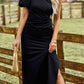 One-Shoulder Gathered Detail Slit Dress