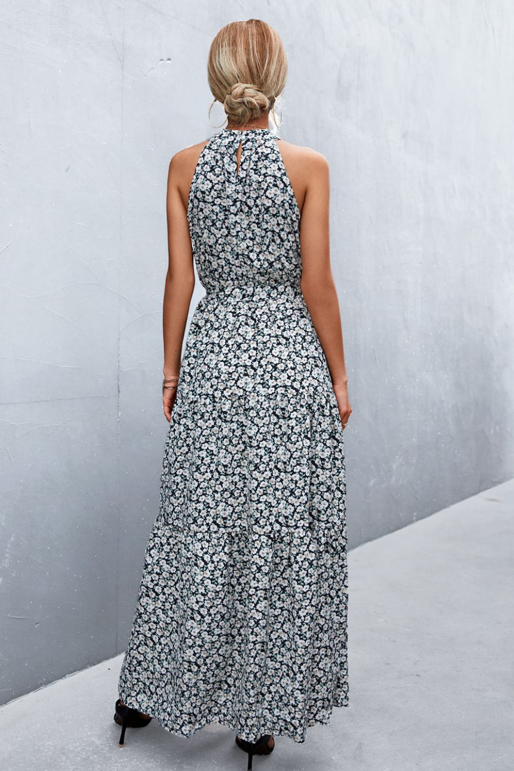 Printed Sleeveless Tie Waist Maxi Dress