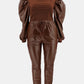 Puff Sleeve Spliced Top and Drawstring Waist Joggers Set