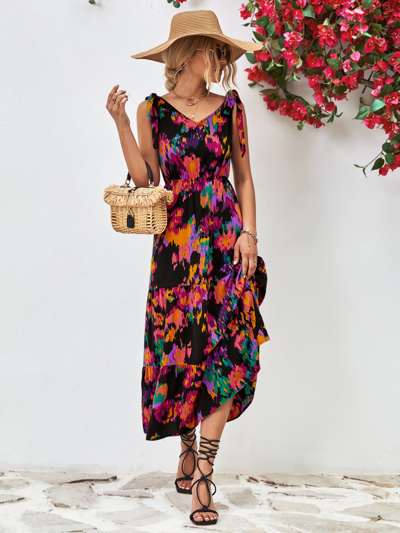 Abstract Floral V-Neck Backless Midi Dress