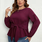 Plus Size Round Neck Tie Waist Long Sleeve Blouse