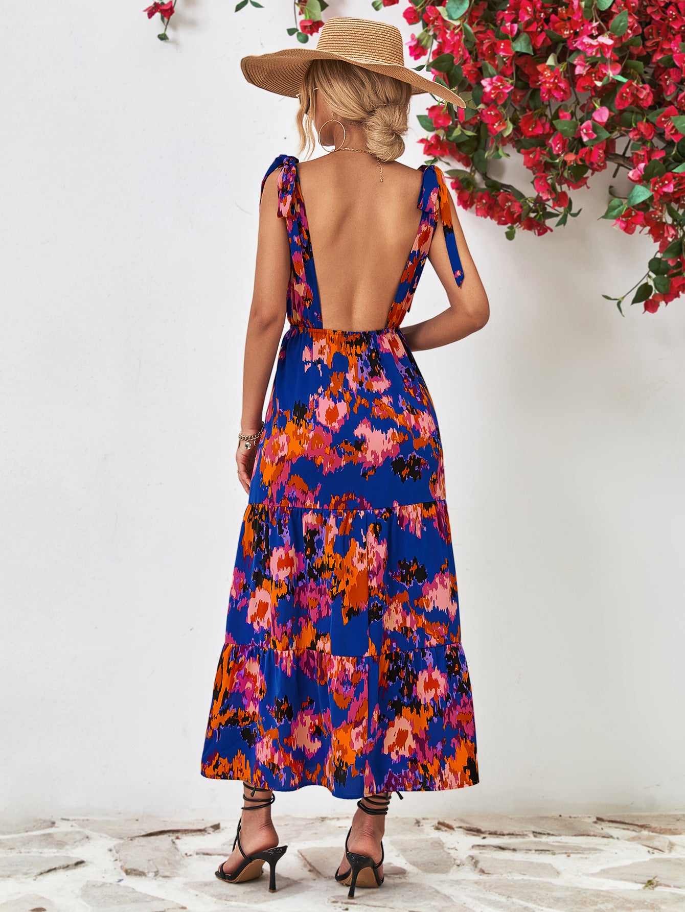 Abstract Floral V-Neck Backless Midi Dress