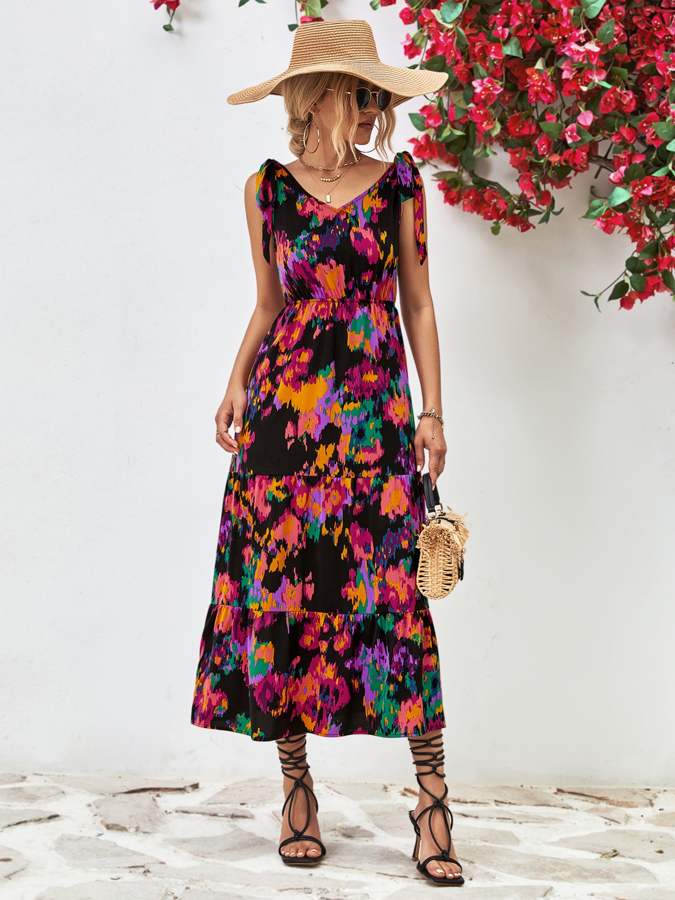 Abstract Floral V-Neck Backless Midi Dress